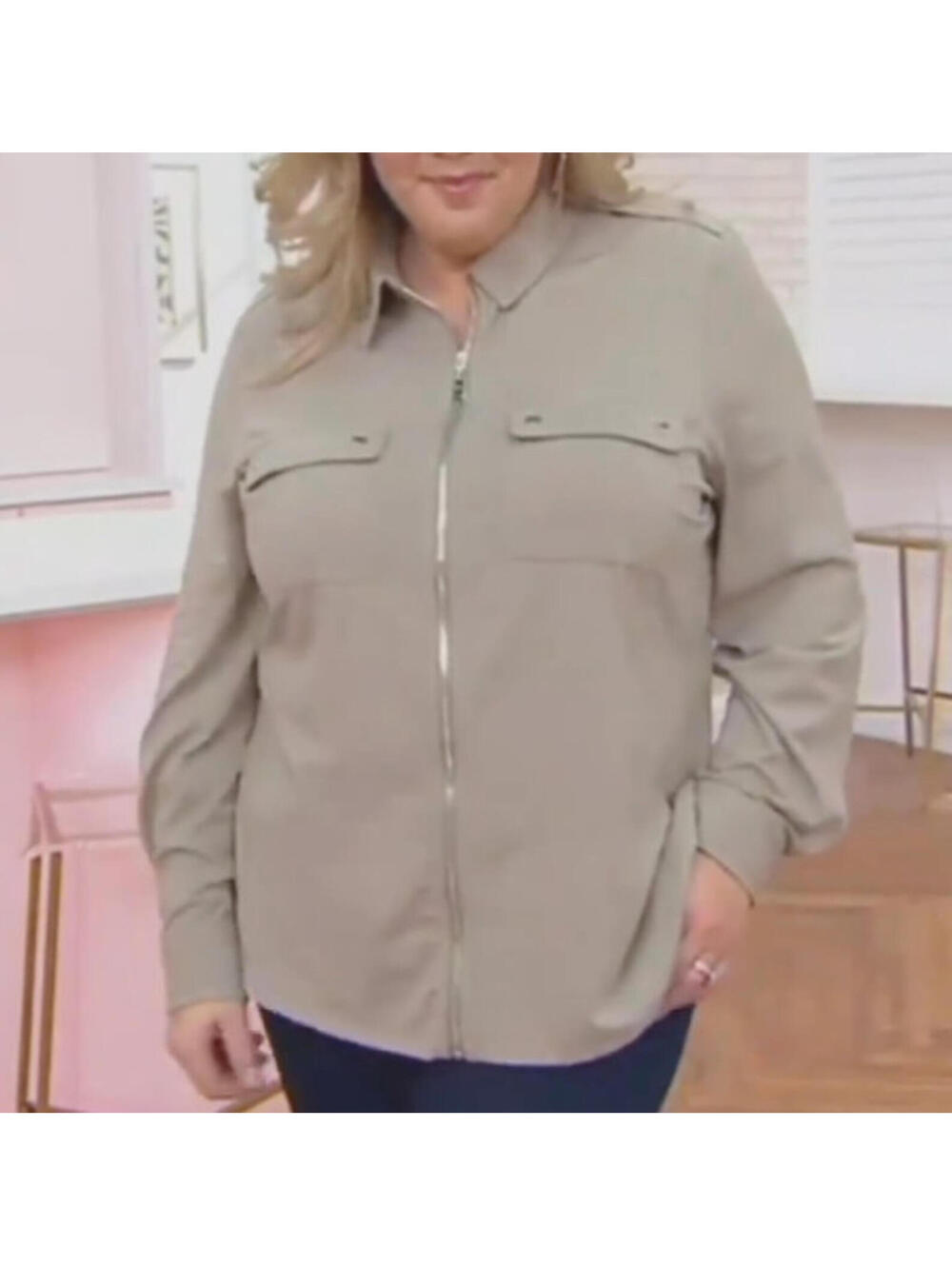 NEW Belle by Kim Gravel TripleLuxe Knit Zip-Front Utility Shirt 2X Light Olive